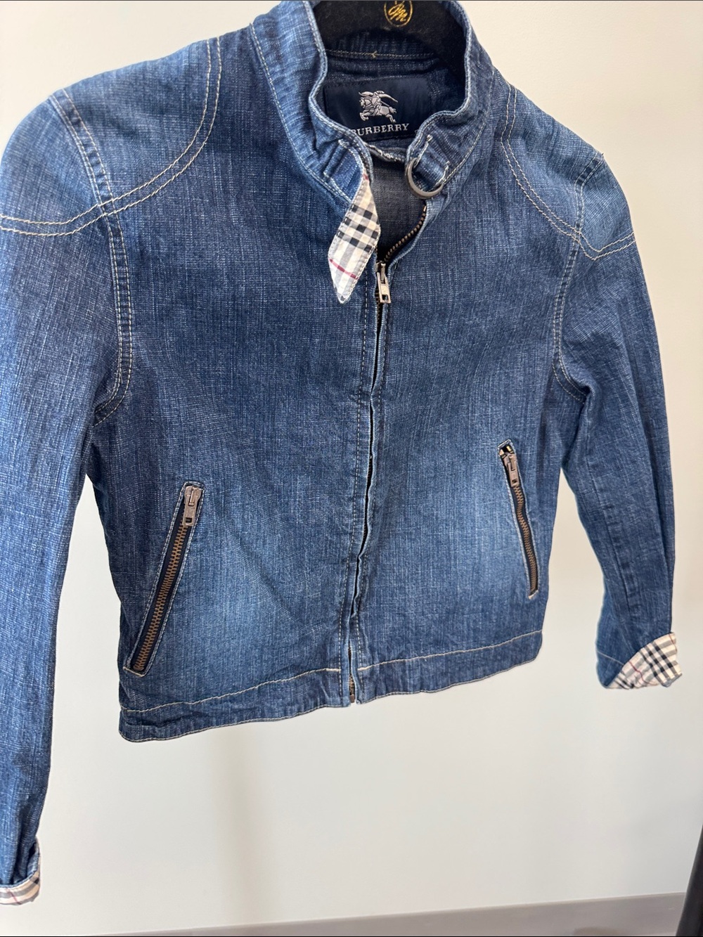 Burberry Kids Dark Blue Denim Zip Jacket with Check Trim